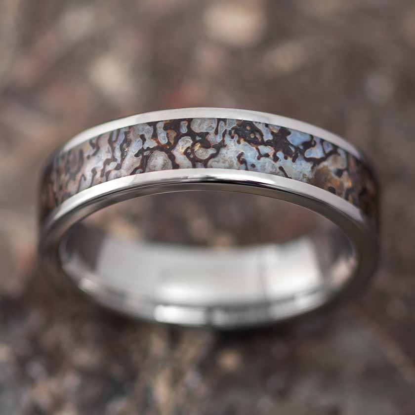 Fossilized Dinosaur Bone Rings. Gembone jewelry with ethically sourced materials and handcrafted in the USA. Choose from solid or crushed dinosaur bone.