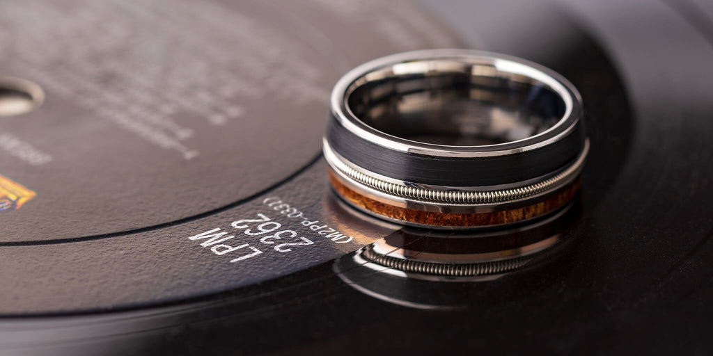 Custom Ring for Musician with Vinyl Record Inlay and Wood and Guitar String Ring. Supply your own guitar string for your unique men's wedding band.